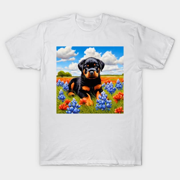 Rottweiler Puppy in Texas Wildflower Field T-Shirt by Doodle and Things